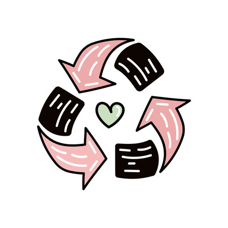 Recycling symbol doodle and flat illustration with heart and pink arrowsのイラスト素材