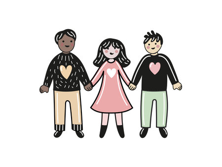 Cute diverse people doodle and flat illustration with heartwarming connectionのイラスト素材