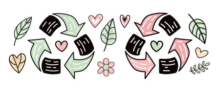 Eco love doodle set with hearts and recyclingのイラスト素材