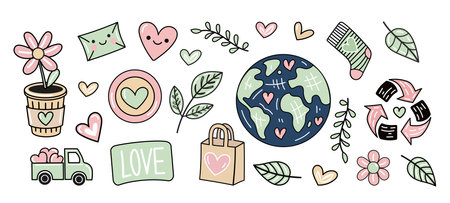 Eco-friendly doodle set with hearts, plants, earth and loveのイラスト素材