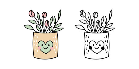 Potted flowers with heart design in colored and outline styleのイラスト素材