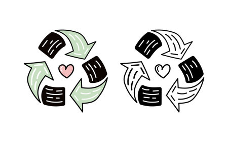 Recycling symbol with heart, eco-friendly concept in doodle styleのイラスト素材