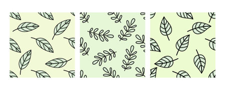Set of seamless eco patterns with green leaves on light backgroundのイラスト素材