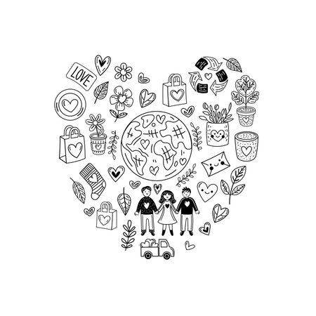 Eco heart doodle composition with planet, people, recycling and loveのイラスト素材