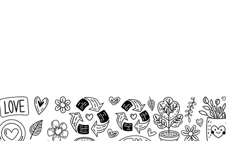 Eco heart banner with hand drawn elements of sustainability and loveのイラスト素材