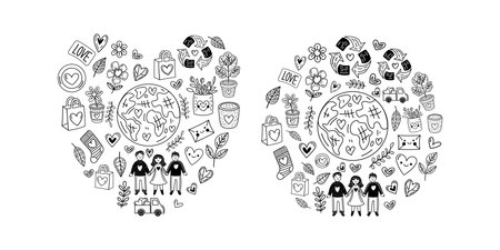 Eco doodle heart composition with planet, recycling, and loveのイラスト素材