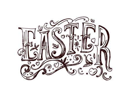 Hand drawn vintage sketch of decorative Easter lettering with ornamentsのイラスト素材