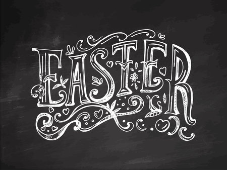 Hand drawn vintage sketch of decorative Easter lettering with ornaments on chalk backgroundのイラスト素材