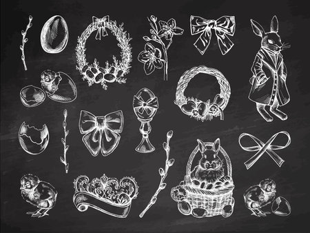 Hand drawn vintage Easter set with rabbits eggs bows wreaths flowers and holiday symbols on chalkboard backgroundのイラスト素材