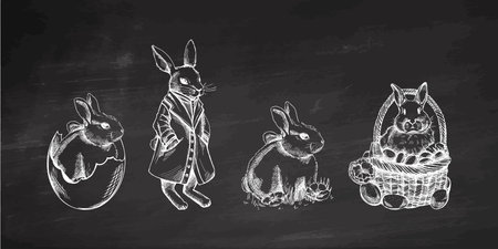 Chalkboard vintage hand drawn Easter bunnies set with basket and eggsのイラスト素材