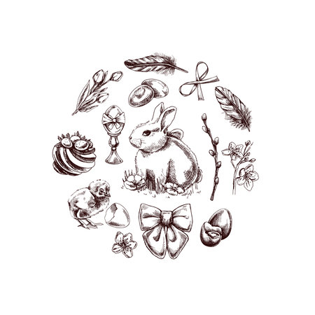 Hand drawn Easter illustration with bunny, chick, eggs, flowers, and festive elements in vintage sketch styleのイラスト素材
