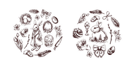 Hand-drawn Easter circle compositions with bunnies, eggs, flowers, and festive elements in vintage sketch styleのイラスト素材