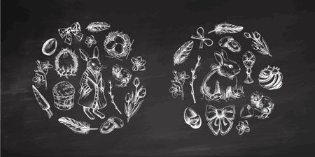 Chalkboard Easter circle compositions with bunnies, eggs, flowers, and festive decorations in vintage sketch styleのイラスト素材
