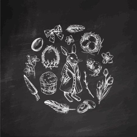 Chalkboard Easter illustration with bunny, chick, eggs, flowers, and festive elements in vintage hand-drawn sketch styleのイラスト素材