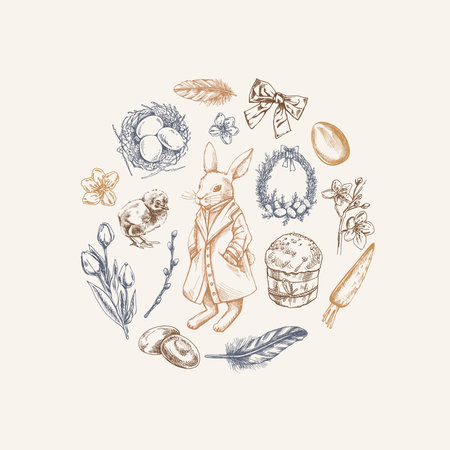 Hand drawn vintage Easter circle set with bunny, eggs, wreath, spring flowers and festive elements in pastel beige, brown and blue tonesのイラスト素材