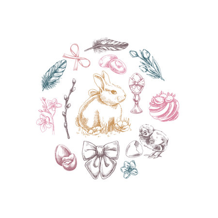 Hand drawn vintage Easter circle set with rabbit, eggs, flowers, bow, festive elements in pastel gold, pink and teal tonesのイラスト素材