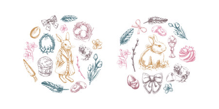 Hand-drawn Easter circle compositions with bunnies, eggs, flowers, and festive elements in vintage sketch styleのイラスト素材