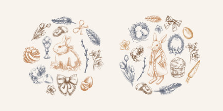 Hand-drawn Easter circle compositions with bunnies, eggs, flowers, and festive elements in vintage sketch styleのイラスト素材