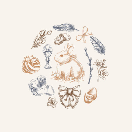 Hand drawn vintage Easter circle set with bunny, eggs, floral and festive elements in pastel beige and blue tonesのイラスト素材