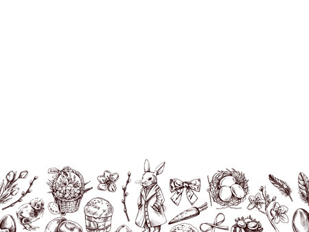 Hand-drawn monochrome Easter border with vintage holiday elements, rabbit, eggs, flowers, and festive decorationsのイラスト素材