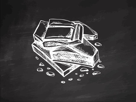 Broken chocolate pieces with crumbs in vintage sketch style on chalkboard backgroundのイラスト素材