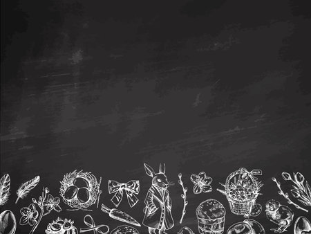 Easter chalkboard background with hand drawn vintage elements in white on blackのイラスト素材