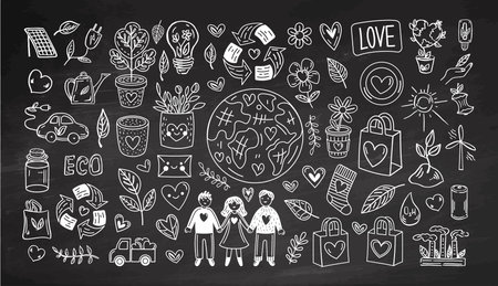 Eco doodle set on chalkboard background with earth, recycling, plants, people, hearts, sustainability, outline, illustrationのイラスト素材