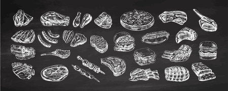 Set of hand-drawn monochrome sketches of different types of meat, steaks, chicken, kebabs, bacon, tenderloin, pork, beef, ham, barbecue, burgers, sandwiches, hot dogs, pizza. Vintage illustration on chalkboard background.のイラスト素材