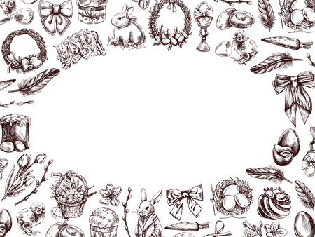 Vintage hand drawn Easter frame with holiday elementsのイラスト素材