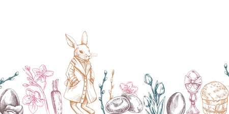 Vintage Easter border with elegant rabbit, spring flowers, and festive elementsのイラスト素材