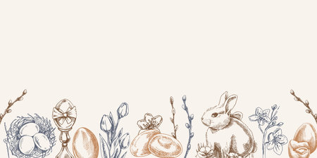 Hand drawn Easter border with bunny, eggs, nest, willow and spring flowers in vintage engraving styleのイラスト素材