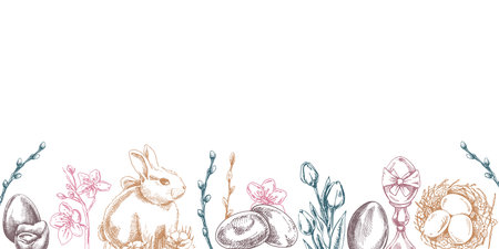 Easter border frame with vintage hand-drawn elementsのイラスト素材