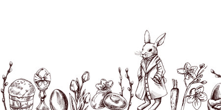 Vintage Easter border with elegant rabbit in coat, eggs, willow branches, flowers, and festive holiday elementsのイラスト素材