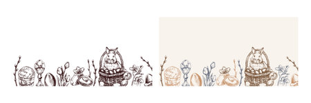 Easter vintage hand drawn border with bunny in basket, eggs, willow and flowersのイラスト素材