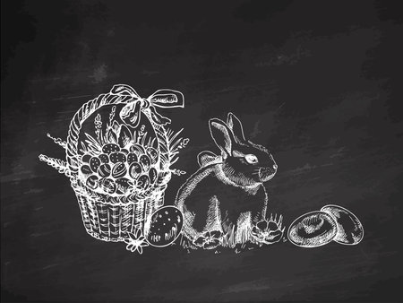 Hand drawn chalkboard Easter still life with bunny and festive basket on chalkboard backgroundのイラスト素材