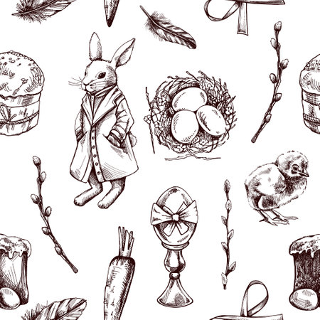 Hand drawn vintage Easter seamless patternのイラスト素材