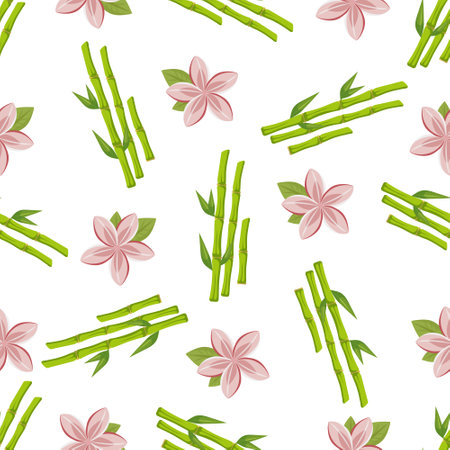 Seamless pattern with bamboo and lotus on white background, botanical vector illustrationのイラスト素材