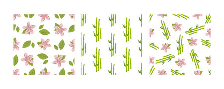 Set of seamless patterns with lotus flowers and green bamboo in flat style on white backgroundのイラスト素材