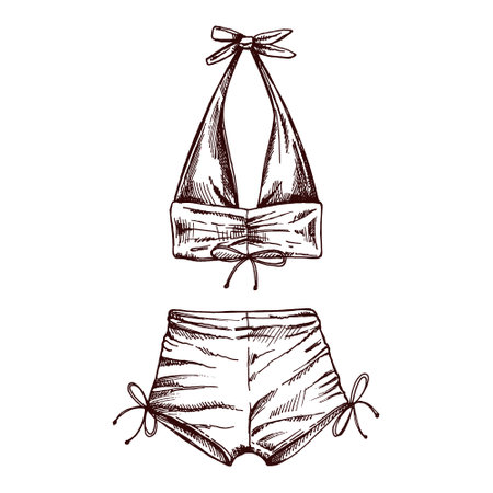 Hand drawn sketch of two-piece beachwear set with halter top and tied shorts in monochrome vintage styleのイラスト素材