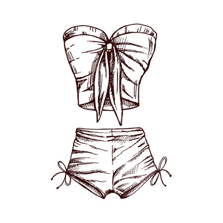 Hand drawn sketch of two-piece beachwear set with strapless top and tied shorts in monochrome vintage styleのイラスト素材