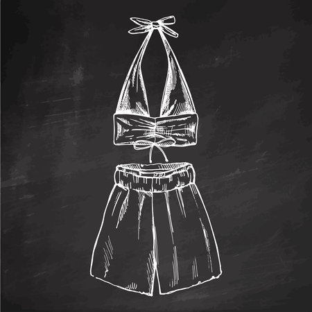 Hand drawn sketch of summer outfit set with halter top and wide-leg shorts in monochrome vintage style on chalkboard backgroundのイラスト素材