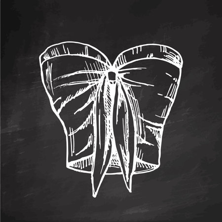 Hand drawn sketch of strapless bikini top with bow in monochrome vintage style on chalkboard backgroundのイラスト素材