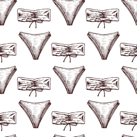 hand drawn seamless pattern with bandeau bikini in vintage styleのイラスト素材
