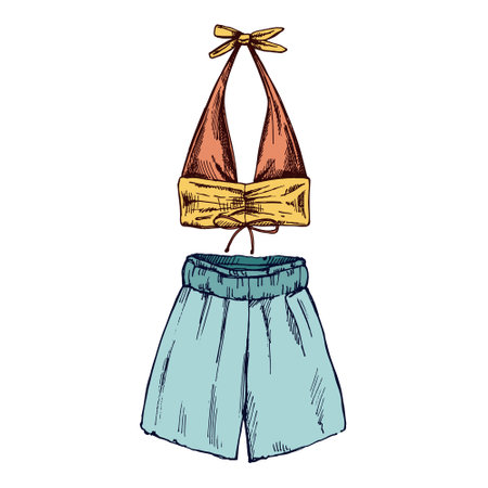 Hand drawn colored sketch of summer outfit set with halter top and wide-leg shorts in vintage styleのイラスト素材