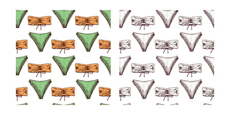hand drawn colored and monochrome seamless pattern with bandeau bikini in vintage styleのイラスト素材