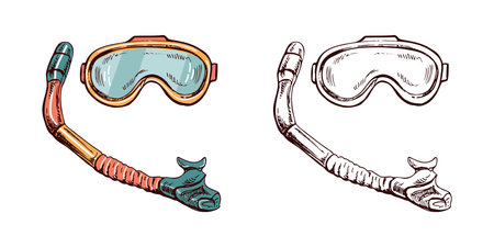 Hand-drawn sketch set of snorkeling mask and tube, colored and monochrome vintage illustrationsのイラスト素材