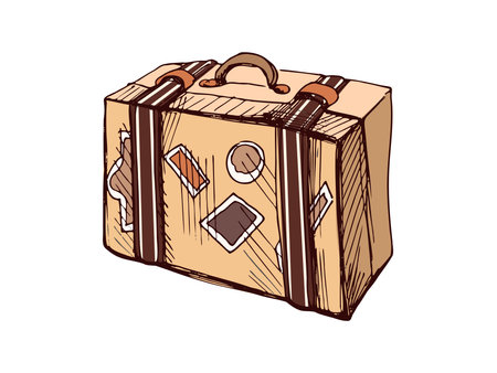Hand-drawn sketch illustration of a vintage suitcase with travel stickers in retro styleのイラスト素材