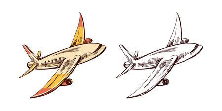 Hand-drawn sketch set of airplanes, colored and monochrome vintage illustrationsのイラスト素材