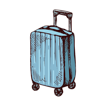 Hand-drawn sketch illustration of a rolling suitcase in vintage style with blue colorのイラスト素材