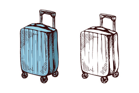 Hand-drawn sketch set of rolling suitcases, colored and monochrome vintage illustrationsのイラスト素材